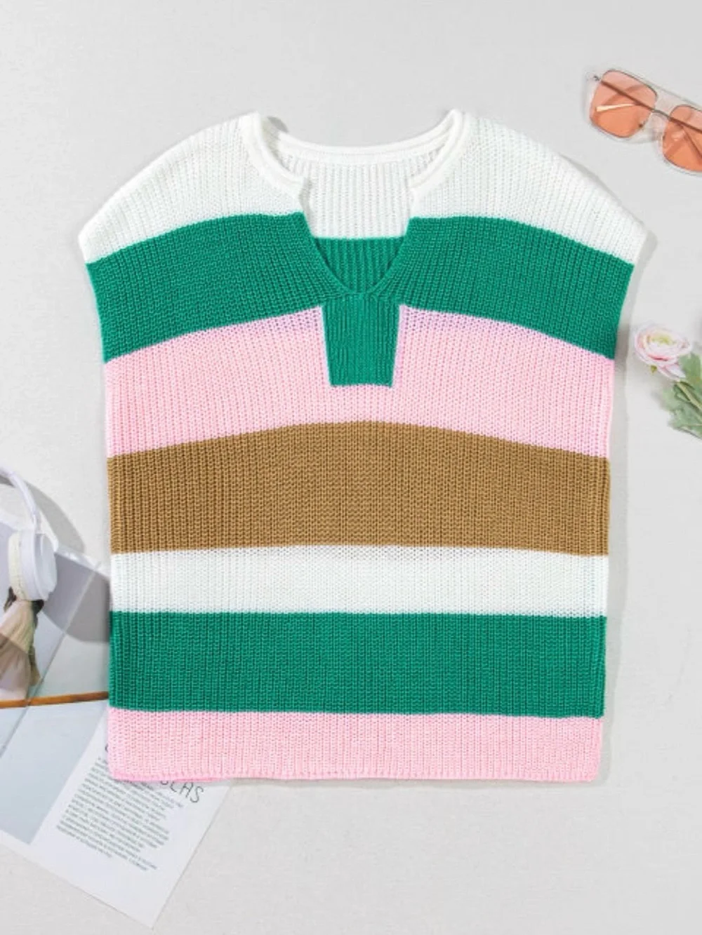 Knit Colorblock V-Neck Sleeveless Sweater Vest - Pink/Green/White